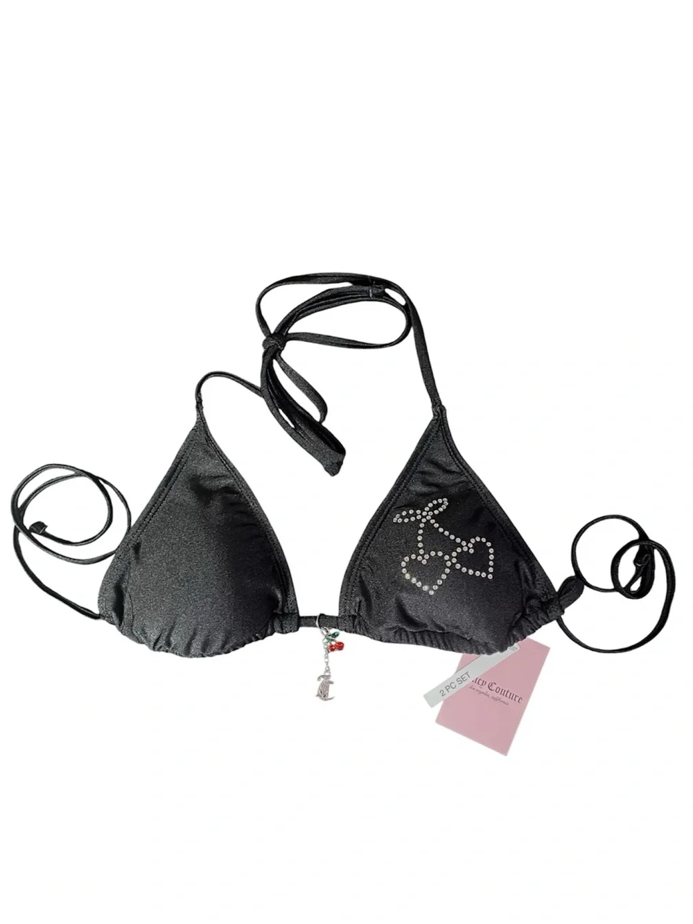 Juicy Couture 2-pc Bikini Black Triangle Tie-Strap Rhinestone Cherry Med NEW NWT